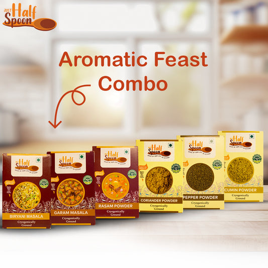 Aromatic Feast Combo - Biryani Masala (100g), Garam Masala (100g), Pepper Powder (100g), Rasam Powder (100g), Coriander Powder (100g), Cumin Powder (100g)