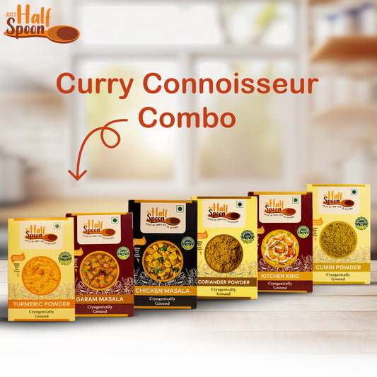 Curry Connoisseur Combo - Turmeric Powder (100g), Cumin Powder (100g), Coriander Powder (100g), Garam Masala (100g), Chicken Masala (100g), Kitchen King Masala (100g)