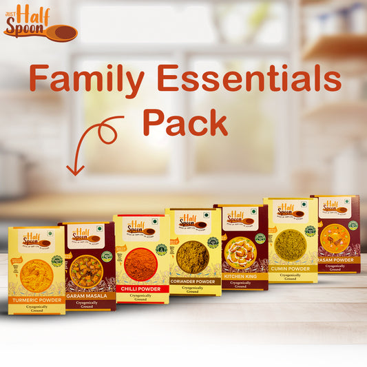 Family Essentials Pack	 - Turmeric Powder (100g), Cumin Powder (100g), Coriander Powder (100g), Chilli Powder (100g), Garam Masala (100g), Kitchen King Masala (100g), Rasam Powder (100g)