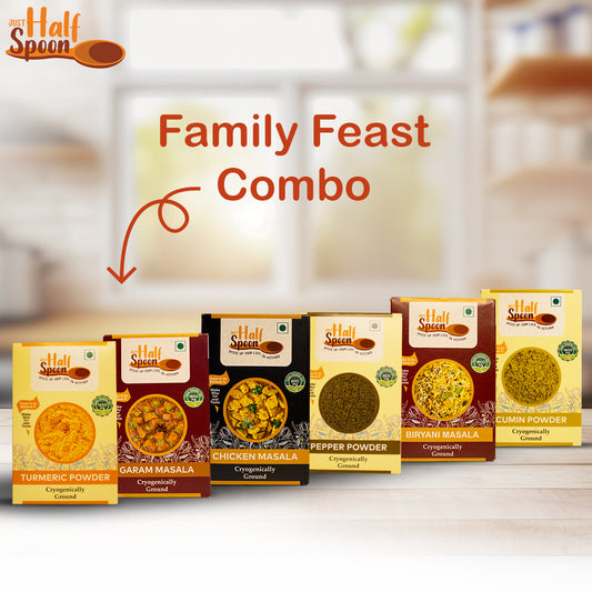 Family Feast Combo - Turmeric Powder (100g), Pepper Powder (100g), Cumin Powder (100g), Garam Masala (100g), Chicken Masala (100g), Biryani Masala (100g)