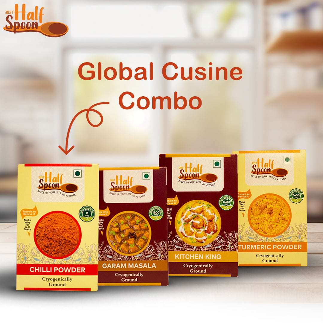 Global Cuisine Combo - Turmeric Powder (100g), Garam Masala (100g), Chilli Powder (100g), Kitchen King Masala (100g)