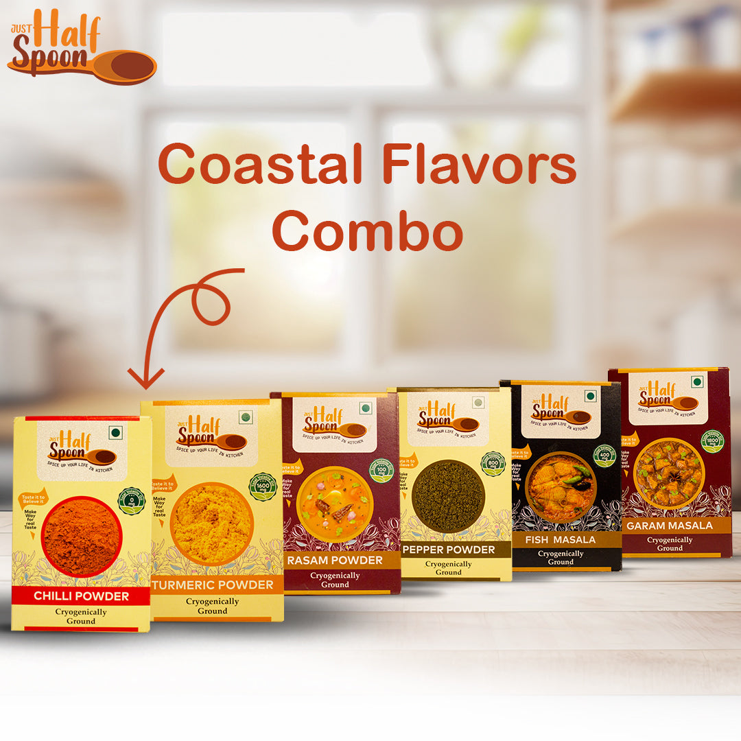 Coastal Flavors Combo - Pepper Powder (100g), Fish Masala (100g), Garam Masala (100g), Chilli Powder (100g), Turmeric Powder (100g), Rasam Powder (100g)