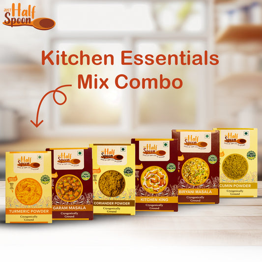 Kitchen Essentials Combo - Turmeric Powder (100g), Cumin Powder (100g), Coriander Powder (100g), Kitchen King Masala (100g), Garam Masala (100g), Biryani Masala (100g)