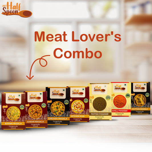 Meat Lover's Combo - Pepper Powder (100g), Garam Masala (100g), Mutton Masala (100g), Chicken Masala (100g), Biryani Masala (100g), Kitchen King Masala (100g), Chilli Powder (100g)