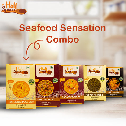 Seafood Sensation Combo - Pepper Powder (100g), Fish Masala (100g), Garam Masala (100g), Rasam Powder (100g), Turmeric Powder (100g)