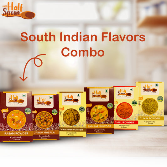 South Indian Flavors Combo - Sambhar Powder (100g), Rasam Powder (100g), Cumin Powder (100g), Coriander Powder (100g), Chilli Powder (100g), Garam Masala (100g)