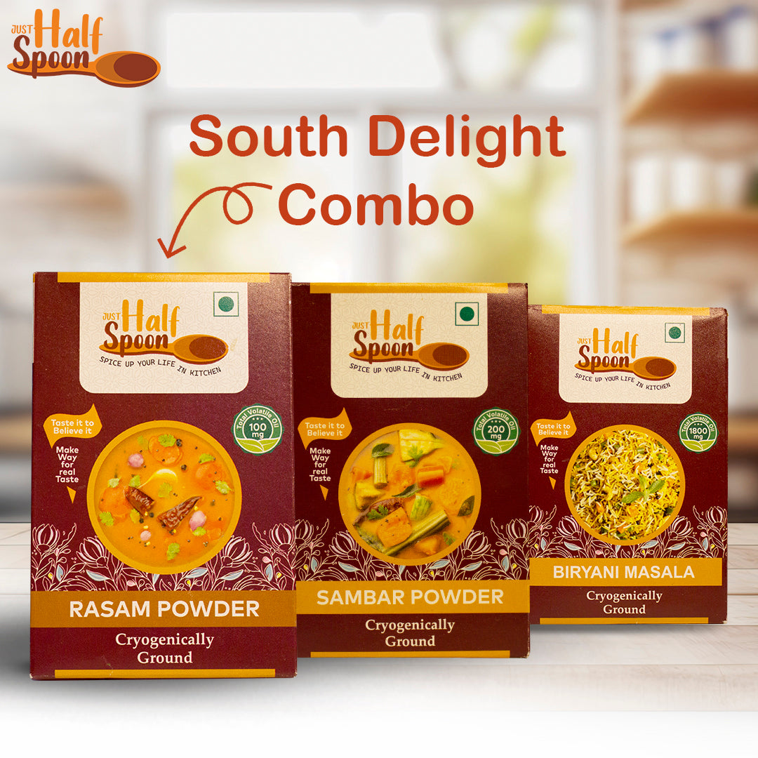 Just HalfSpoon - Southern Delight Combo - Rasam Powder, Sambhar Powder, Biryani Masala (3 x 100gms)