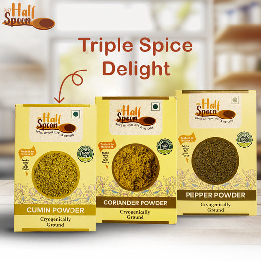 Just HalfSpoon - Triple Spice Delight - Coriander, Cumin, Black Pepper powder (3 x 100gms)